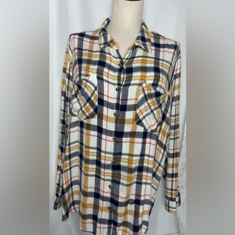 Maurices Plaid Button-Up Shirt navy & mustard confort long sleeve relaxed fit 3